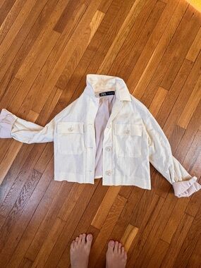 Zara Light Cream Collared Jacket with Striped Lining